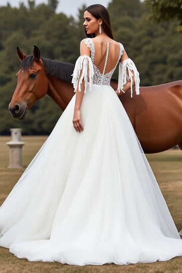 White A Line Tulle Boho Sweep Train Wedding Dress with Lace